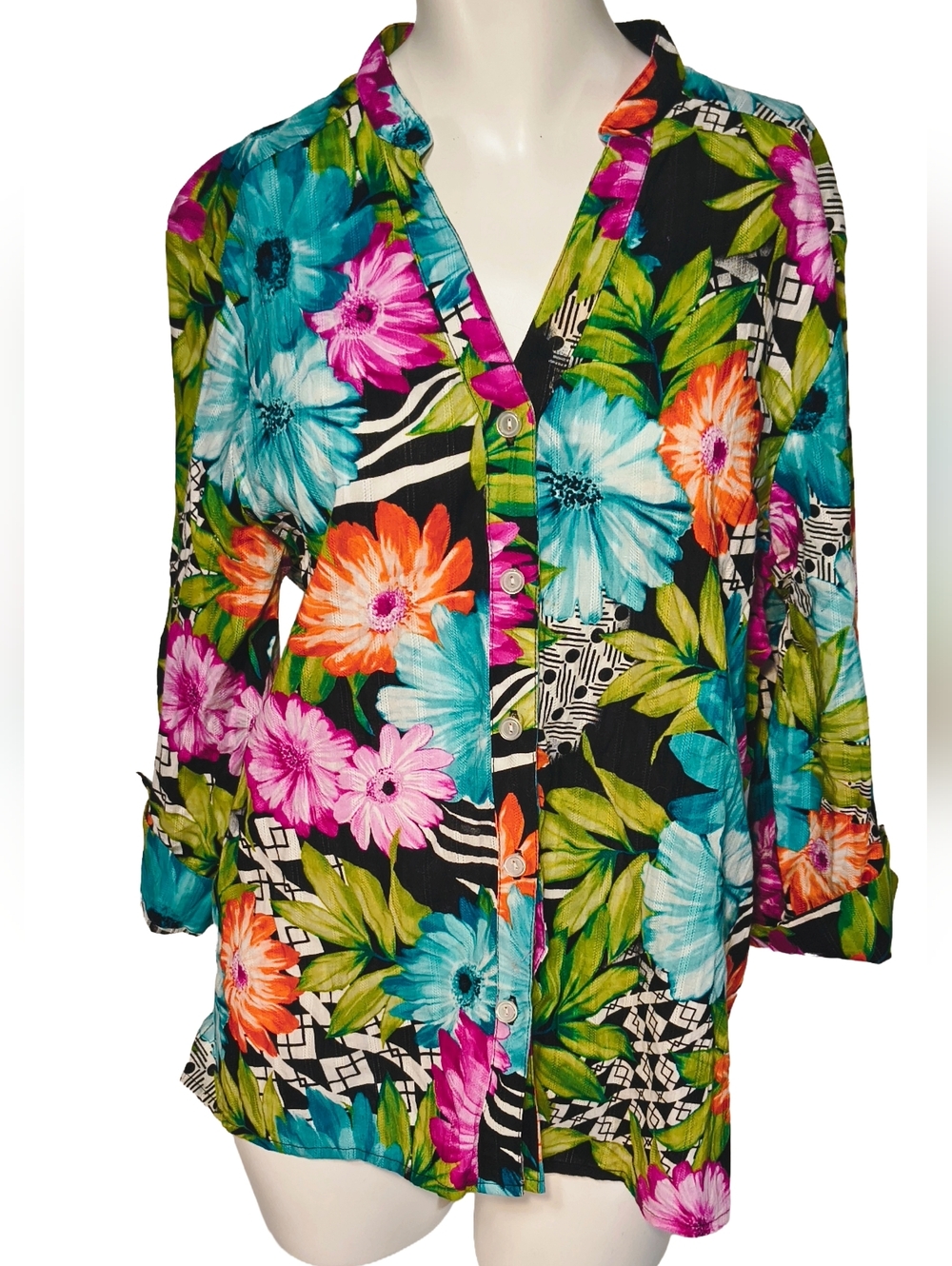 ​Alfred Dunner 100% Cotton Tropical Floral Button Up Shirt Top Size 14